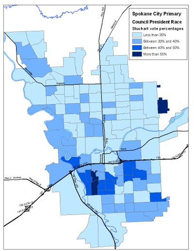 This is a computer generated map of the City Primary votes for Ben Stuckart in the Spokane City Council President race, based on ballots counted on election night (Jim Camden)