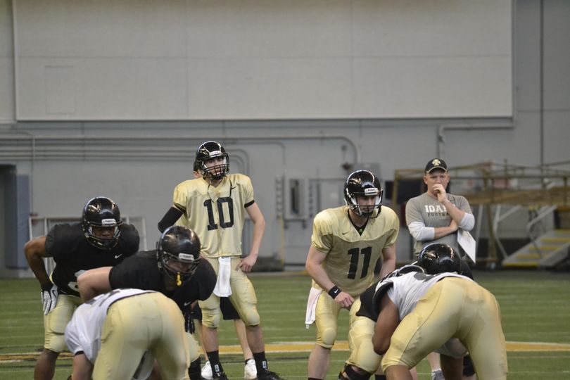 Idaho quarterback Chad Chalich takes the snap as Matt Linehan (10) and coach Paul Petrino look on. The Vandals scrimmage for nearly three hours on Saturday at the Kibbie Dome. (University of Idaho)