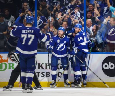 Tampa Bay Lightning center Steven Stamkos, second from left, celebrates his second period goal with teammates against the Colorado Avalanche in Game 3 of the Stanley Cup final Monday, June 20, 2022 in Tampa.  (Tribune News Service)