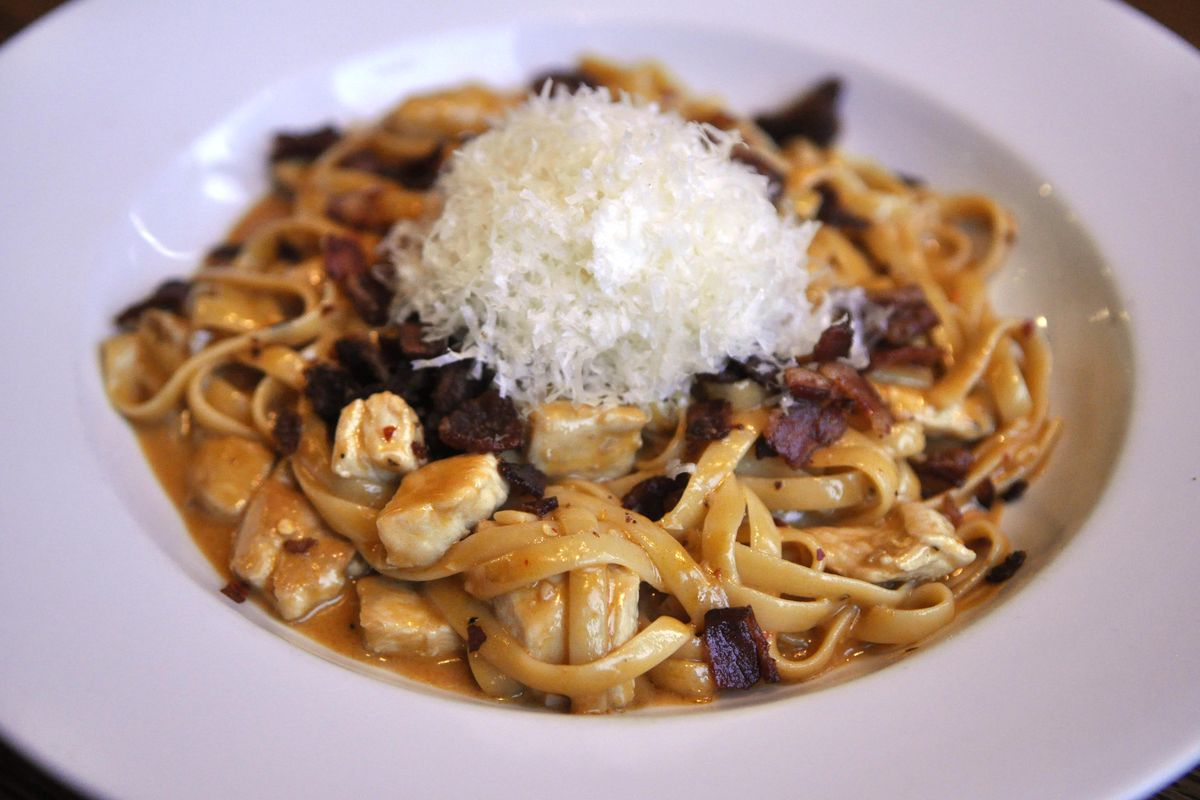 The Fire Pasta at Picabu is one of the bistro’s signature dishes. The recipe can be found in its cookbook. Owner Jane Edwards compiled all of the restaurant’s recipes into a book as the eatery was preparing to close. Cookbooks are for sale for $20 each. (Adriana Janovich / The Spokesman-Review)