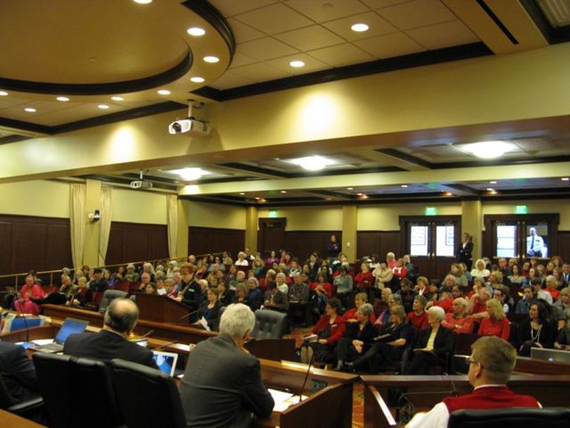 The crowd at the hearing Wednesday morning on legislation to require Idaho women to have an ultrasound before having an abortion (Betsy Russell)