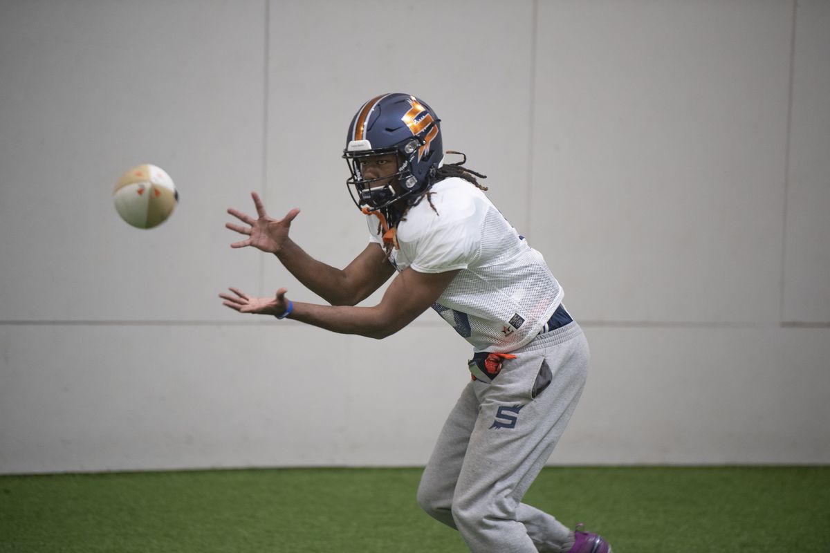 Wide receiver Tavares Martin Jr., practicing May 3 at the Spokane Shock’s indoor practice facility in North Idaho, will make his debut with the IFL team on Saturday.  (JESSE TINSLEY/ THE SPOKESMAN-REVIEW)
