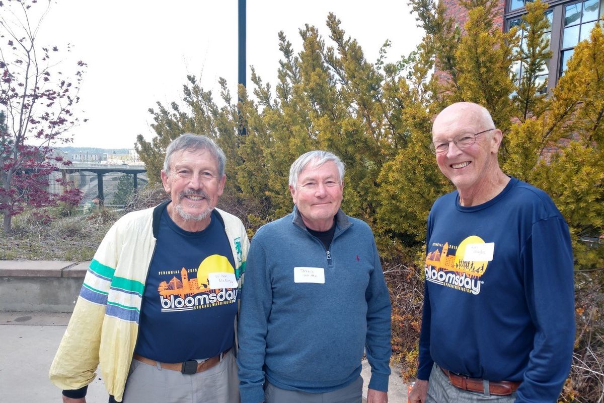 Bill McElroy, left, Terry Whitten and Ron Douglas pose at a 2019 Bloomsday Perennial gathering.  (Courtesy of Bill McElroy)