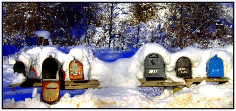 Snowbound mailboxes near Edna & Buck's in Upper Pack River area. (Marianne Love/Slight Detour)