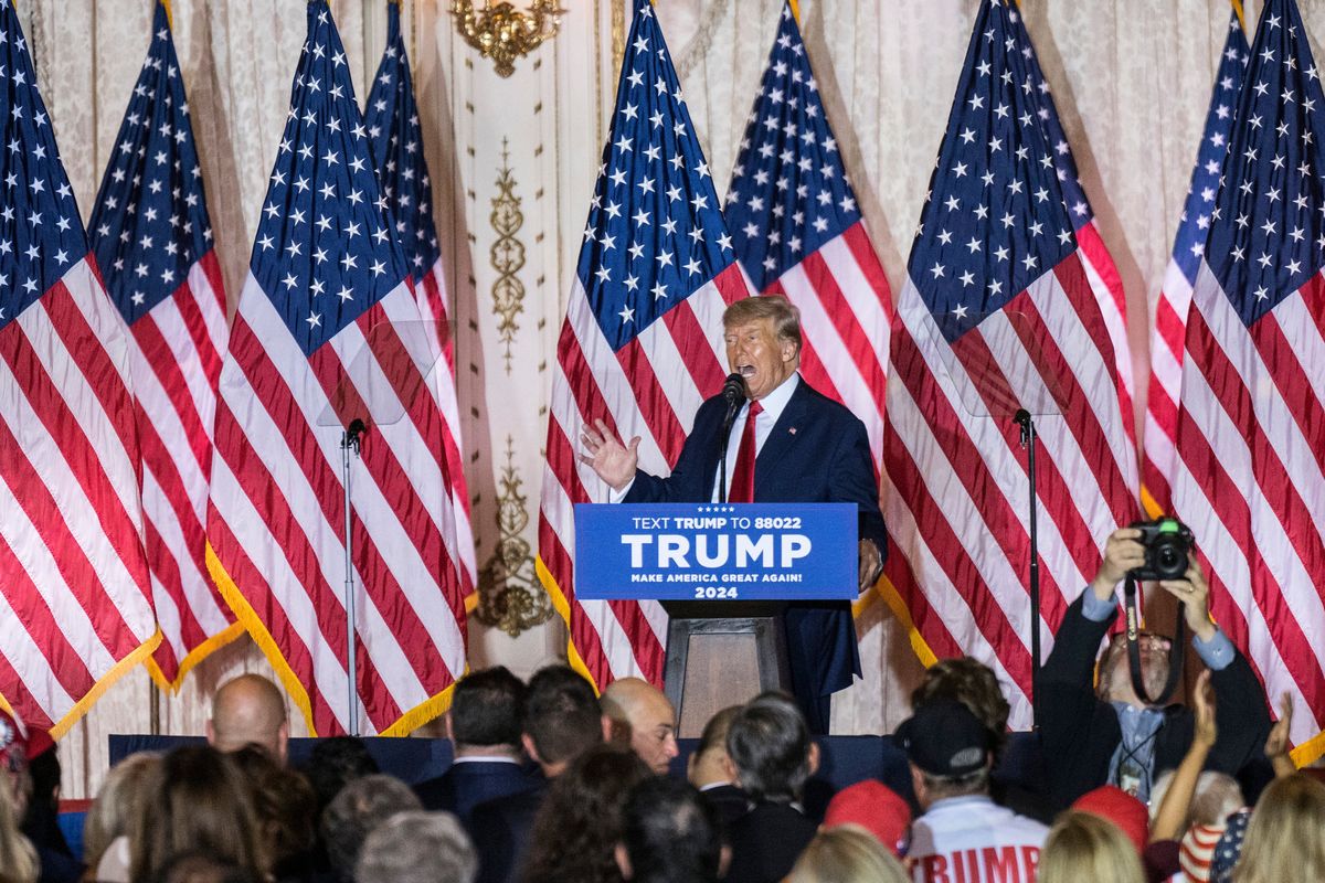 Former president Donald Trump announces his bid for president at his Mar-a-Lago Club in Palm Beach, Fla., on Tuesday.    (Thomas Simonetti/For The Washington Post)