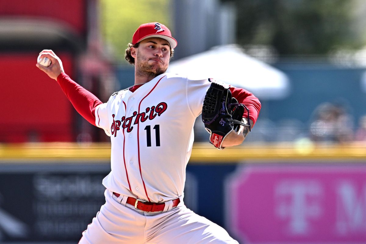 Spokane Indians starter Brody Brecht delivers against the Vancouver Canadians on April 19, 2026 at Avista Stadium.   (James Snook)