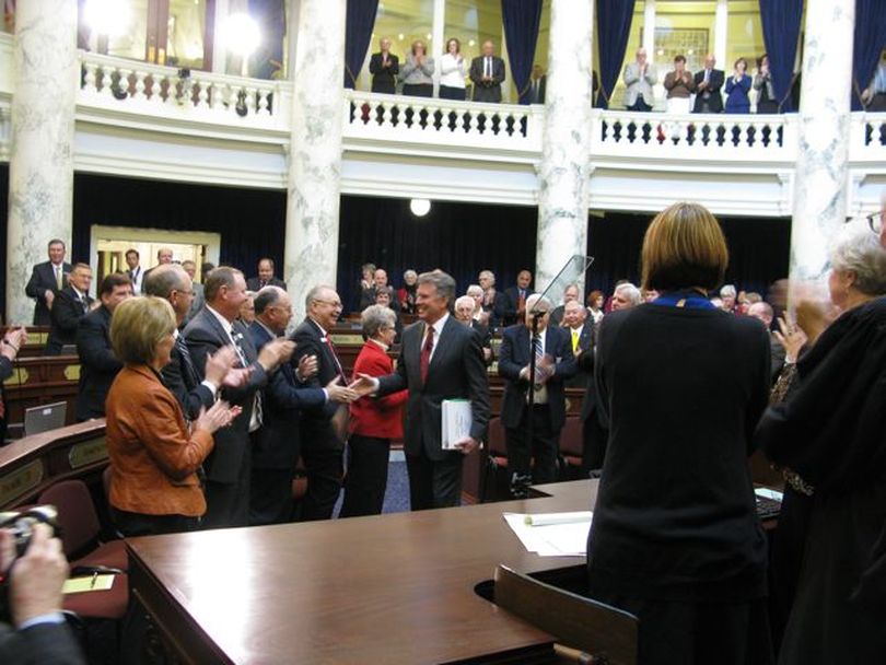 Gov. Butch Otter enters the House chamber for his State of the State message. (Betsy Russell)