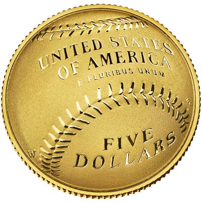 This photo released by the U.S. Mint shows one side of the gold $5 National Baseball Hall of Fame coin. (Associated Press)