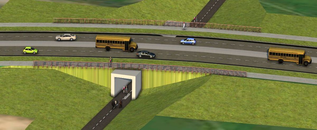 An artist’s rendering of the path that will connect East Valley middle and high schools underneath the finished Forker Road connecting at Wellesley Avenue and Sullivan Road. The path will have a rounded archway, rather than the square shown here.  (Spokane County )