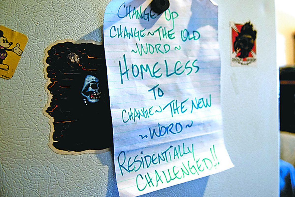 “Yes, residentially challenged,” said David Warriner, aka “Ozone,” about the sign on his refrigerator at the Collins Apartments. He said he was “living off the land” before getting a room at the Collins.