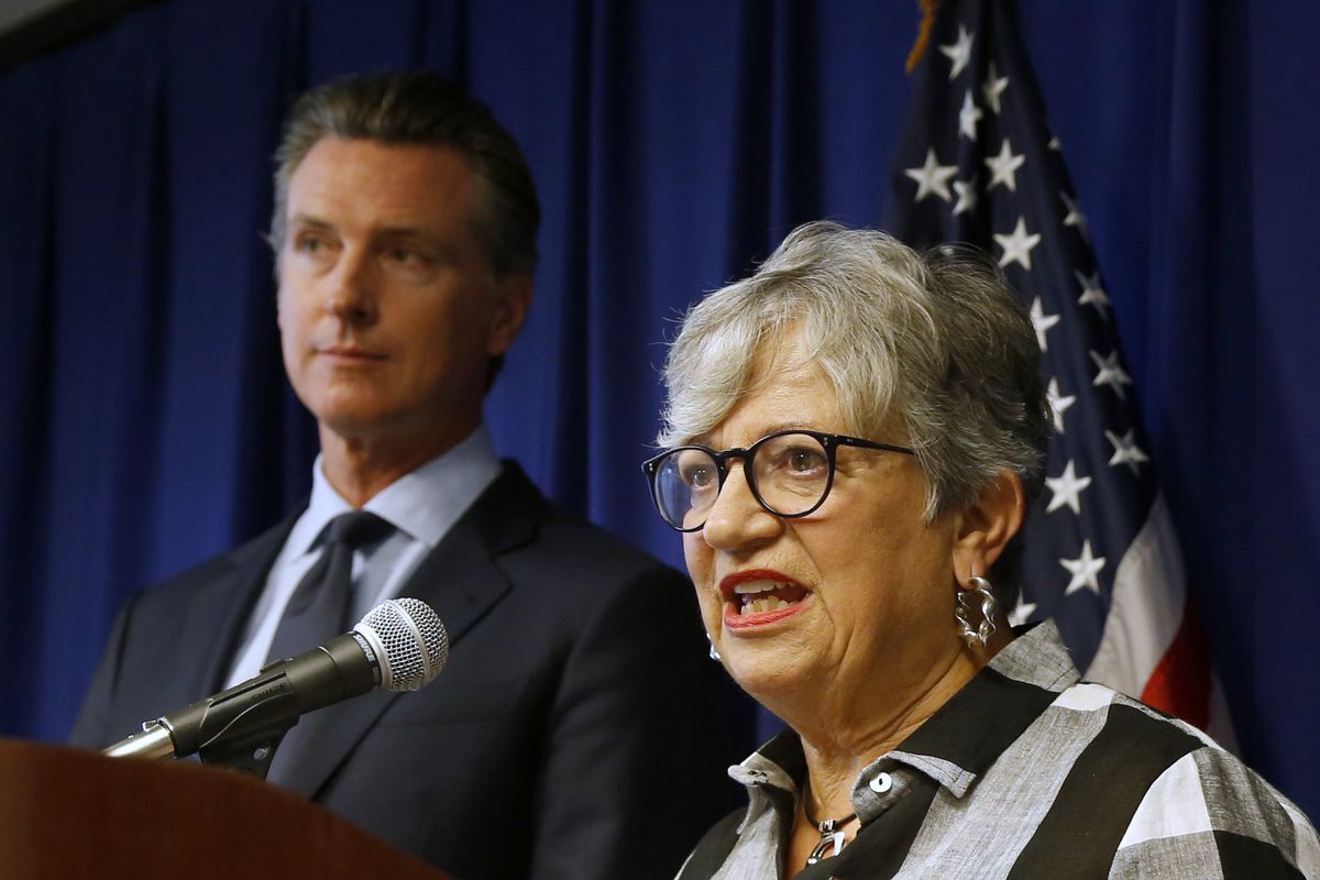 FILE - In this Sept. 18, 2019, file photo, California Air Resources Board Chair Mary Nichols, with California Gov. Gavin Newsom at left, discusses the Trump administration