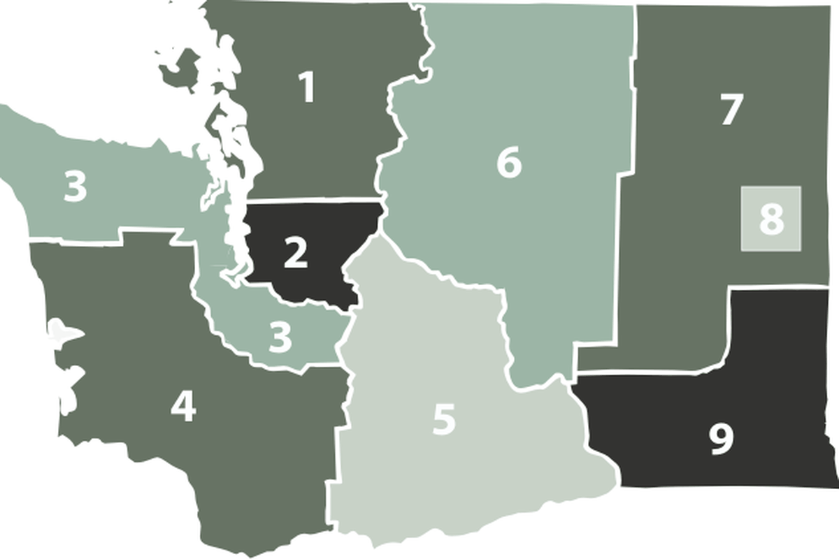 A map of WIAA districts. The Greater Spokane League and Mid-Columbia Conference comprise District 8. Districts 5-9 were combined to form “Region C” in the new WIAA guidelines for returning to play due to COVID-19 restrictions.  (WIAA/courtesy)