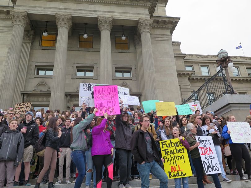 Teens rally on the Idaho Capitol steps on Thursday, Feb. 16, 2017, to oppose new U.S. Education Secretary Betsy DeVos and support public education (Betsy Z. Russell)