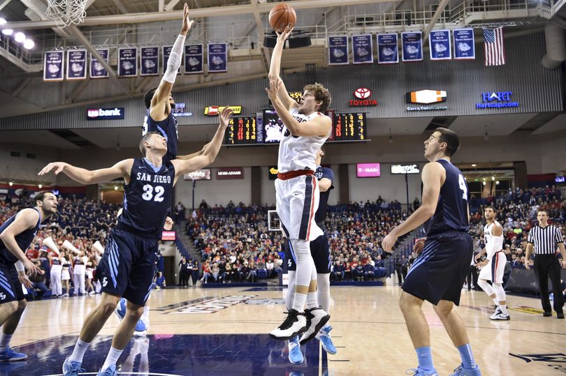 Gonzaga forward Kyle Wiltjer (33) scores against San Diego during a college basketball game on Saturday, Jan. 16, 2016, at McCarthey Athletic Center in Spokane, Wash. (Tyler Tjomsland / The Spokesman-Review)