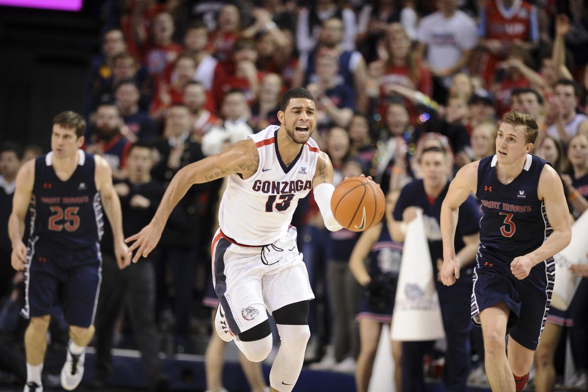Gonzaga guard Josh Perkins (13) drives the ball downcourt against Saint Mary’s during the second half of an NCAA basketball game on Saturday, Feb. 20, 2016, at McCarthey Athletic Center in Spokane. St. Mary’s won the game 63-58. (Tyler Tjomsland / The Spokesman-Review)