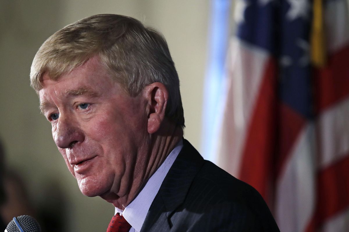 Former Massachusetts Gov. William Weld addresses a gathering during a New England Council “Politics & Eggs” breakfast in Bedford, N.H., Friday, Feb. 15, 2019. Weld announced he’s creating a presidential exploratory committee for a run in the 2020 election. (Charles Krupa / Associated Press)