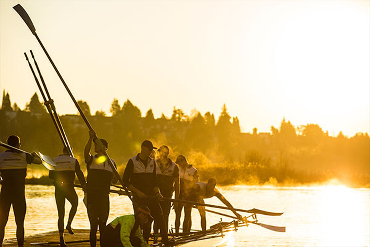 Early practices sometimes come with a sunrise over Lake Washington’s Union Bay. (Courtesy University of Washington)