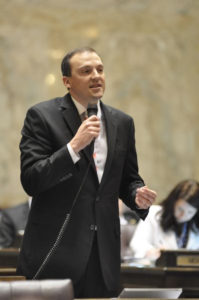 OLYMPIA -- Rep. Marcus Riccelli, D-Spokane, argues in favor of giving WSU permission to start a medical school at the Riverpoint Campus on Monday, March 9, (Jim Camden)