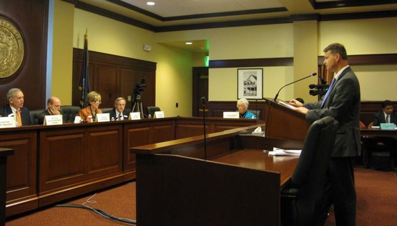 Deputy Attorney General Brian Kane briefs the Senate Ethics Committee on Idaho laws and Senate rules regarding conflict of interest, as the panel on Monday begins investigating an ethics complaint against Senate Resources Chairman Monty Pearce, R-New Plymouth. (Betsy Russell)