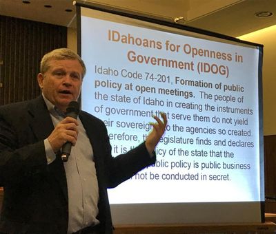 Idaho Attorney General Lawrence Wasden addresses a crowd of more than 60 in Moscow, Idaho on Tuesday, May 29, 2018, about Idaho’s open meetings and public records laws. (Betsy Z. Russell / Idaho Press Tribune)