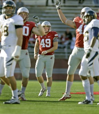 WSU kicker Andrew Furney (49) hit a 51-yard field goal against Cal as the Cougars' regular kicker and has taken on an additional role this season with kickoffs.     (Christopher Anderson)