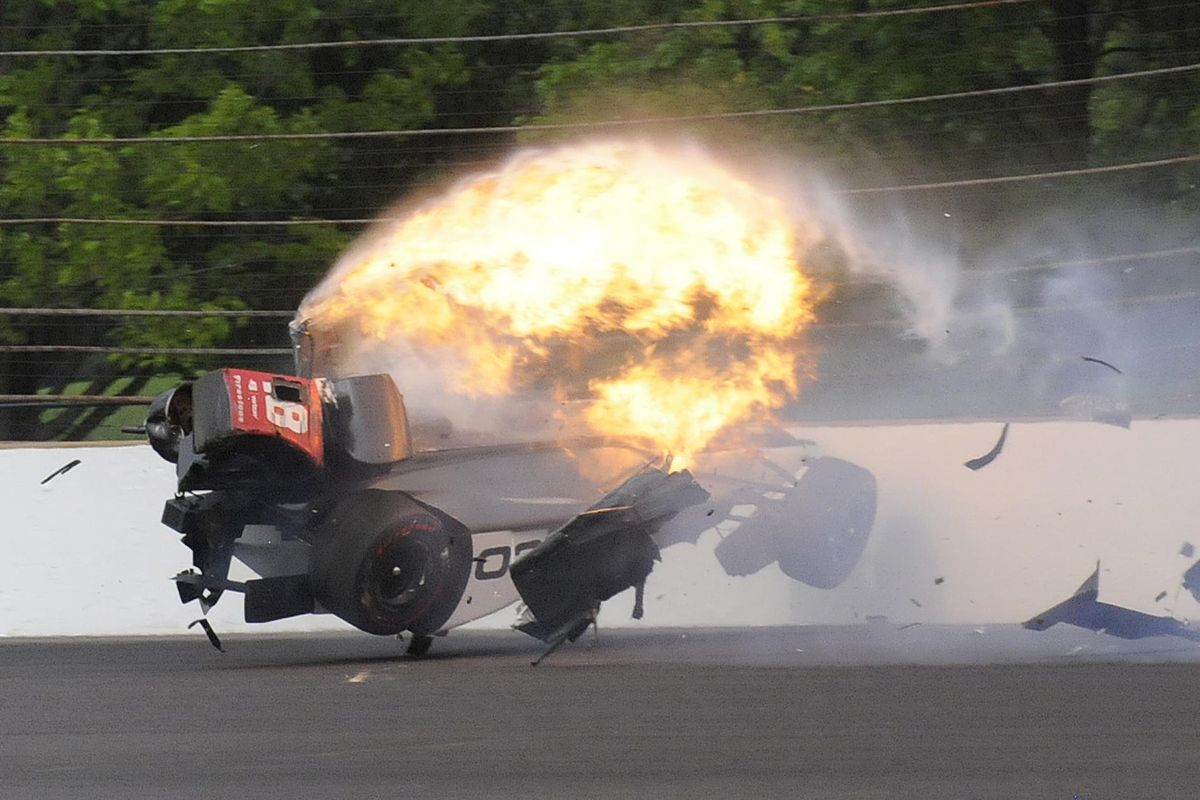 The car driven by Sebastien Bourdais, of France, impacts the wall bursts into flames in the second turn during qualifications for the Indianapolis 500 IndyCar auto race at Indianapolis Motor Speedway, Saturday, May 20, 2017 in Indianapolis. (Greg Huey / Associated Press)