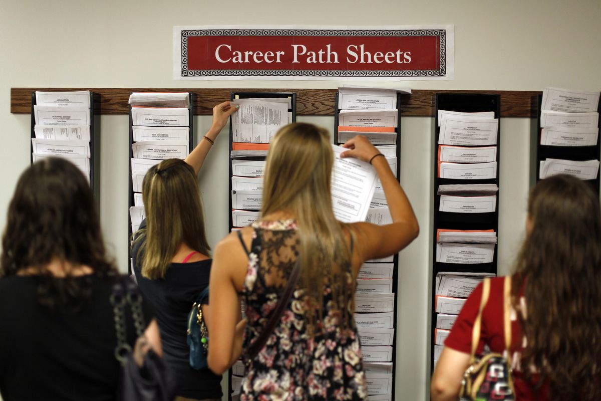  Students visit Temple University’s Career Center in Philadelphia during an event for freshmen.  College career offices are reporting  sharply higher use by first-year students.  (Associated Press)