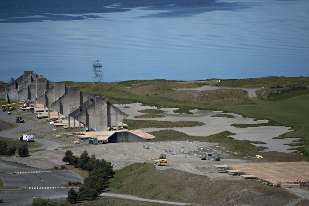 Chambers Bay was built at the site of a former rock quarry. Remnants of the quarry remain as work crews build additional spectator areas around them. (Tyler Tjomsland photos)