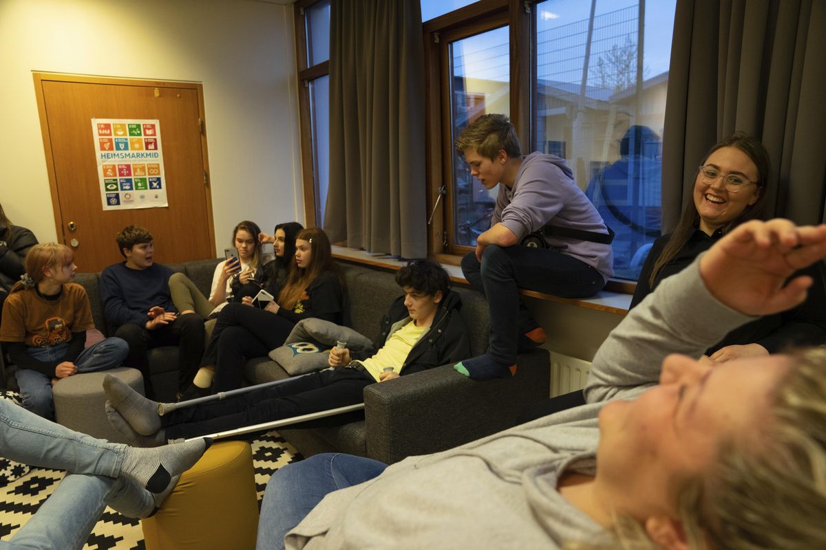 This photo taken Monday, May 13, 2019, teenagers up to the age of 17 gathered at the Tjornin youth center in Reykjavik. Iceland has dried up a teenage culture of drinking and smoking by focusing on local participation in music and sports options for students, with such success that Icelandic teens now have one of the lowest rates of substance abuse in Europe. (Egill Bjarnason / Associated Press)