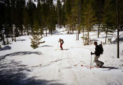 While thousands of runners were wearing shorts and running Bloomsday on May 5, Gregg Smith of Spokane led his daughter, Sarah, 14, (left) and son, Michael, 17, (right) on a backcountry skiing adventure near Lookout Pass. The warm weekend weather had begun triggering spring avalanches in the heavy mountain snowpack, so the skiers carved telemark turns mostly in the trees.
(Photo by Gregg Smith / The Spokesman-Review)