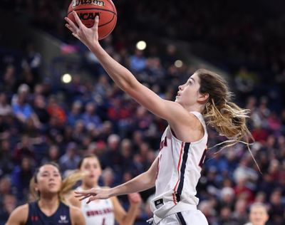 Gonzaga guard Katie Campbell  goes for a layup during the first half against Saint Mary’s  on Jan. 3  in the McCarthey Athletic Center. (Colin Mulvany / The Spokesman-Review)
