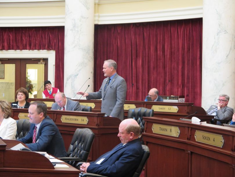 Sen. Marv Hagedorn, R-Meridian, debates in favor of SB 1206, the transportation funding bill, in the Idaho Senate on Tuesday, March 28, 2017. (Betsy Z. Russell)