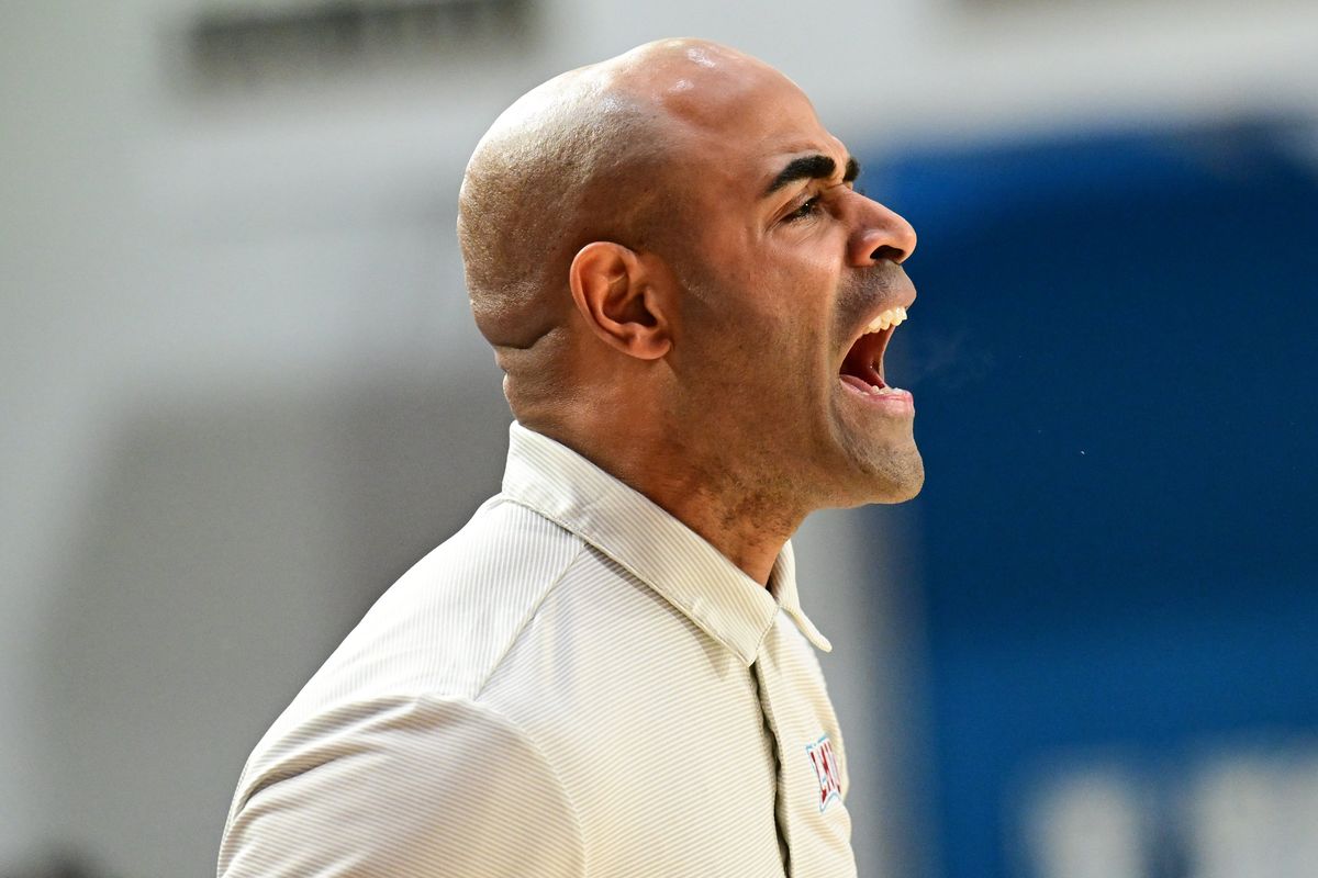 Loyola Marymount Lions head coach Stan Johnson reacts against the Gonzaga Bulldogs during the first half of a college basketball game on Thursday, Feb. 16, 2023, at Gersten Pavilion in Los Angeles, Calif.  (Tyler Tjomsland/The Spokesman-Review)