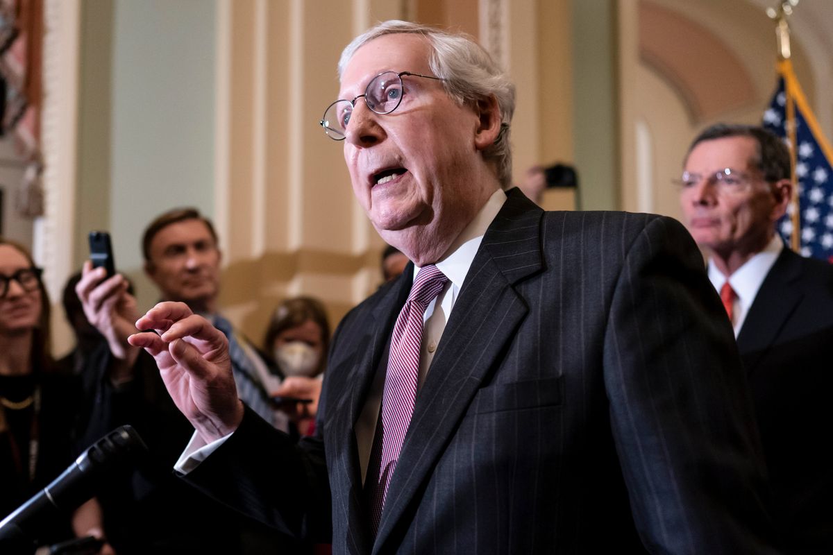 Senate Minority Leader Mitch McConnell, R-Ky., speaks to reporters ahead of a procedural vote on Wednesday to essentially codify Roe v. Wade, at the Capitol in Washington, Tuesday, May 10, 2022.  (J. Scott Applewhite)