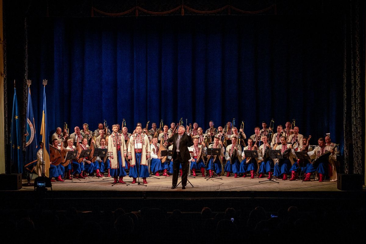 The Ukrainian Bandurist Chorus is performs in a concert to honor Roman Ratushnyi, a former student activist and journalist who was killed in fighting in June, in Kyiv, Ukraine, on Friday, Sept. 9, 2022. (Nicole Tung/The New York Times)  (NICOLE TUNG)