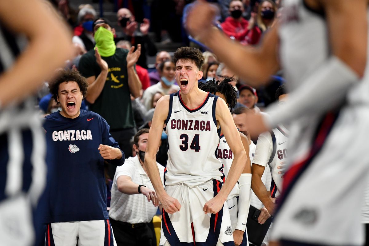 Gonzaga Bulldogs center Chet Holmgren (34) reacts from the bench during the second half of a college basketball game on Tuesday, Nov 9, 2021, at McCarthey Athletic Center in Spokane, Wash. Gonzaga won the game 97-63.  (Tyler Tjomsland/The Spokesman-Review)