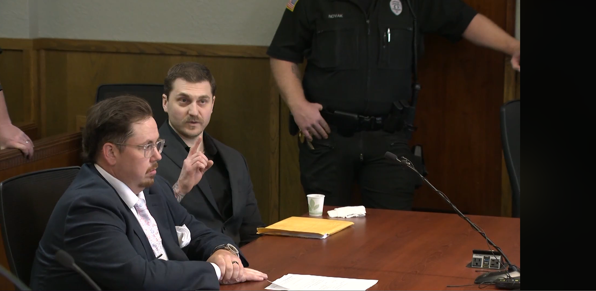 Justin Crenshaw is resentenced Tuesday for the murders of Sarah Clark and Tanner Pehl almost 18 years ago. He received life in prison without parole. (KHQ recording)