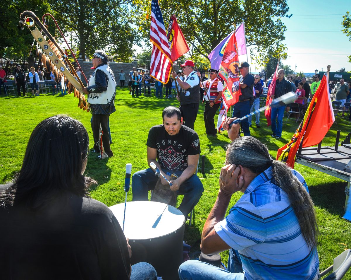 Drummers pound out the beat as the Grand Entry of Tribal Nations begins the 9th Annual American Indian Veteran Advisory Council’s Veteran’s Memorial & Honoring Ceremony, Saturday, Sept. 8, 2018, at the Mann-Grandstaff VA Medical Center, in Spokane, Wash. (Dan Pelle / The Spokesman-Review)