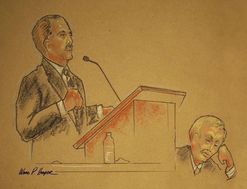 Assistant U.S. Attorney Marc Haws is shown at the trial of Edgar J. Steele on Wednesday, April 27, 2011. Steele is shown at right. (sketch by Ward Hooper)