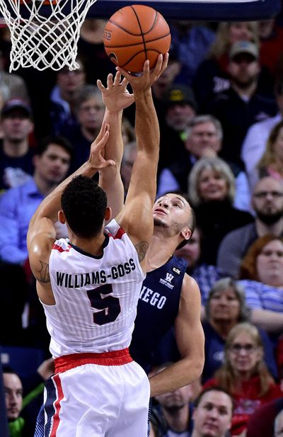 Gonzaga’s Nigel Williams-Goss shoots over San Diego’s Tyler Williams last Thursday at the McCarthey Athletic Center. (Colin Mulvany / The Spokesman-Review)