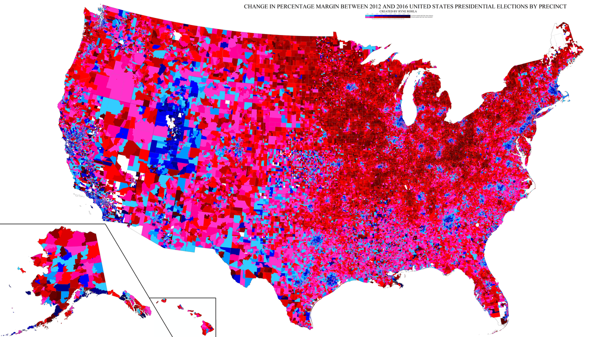 This map shows the shift in voters from the 2012 to 2016 U.S. presidential election. In red areas, more voters flipped from Barack Obama in 2012 to Donald Trump in 2016. In blue areas, voters flipped from Mitt Romney to Hillary Clinton. (Ryne Rohla / Courtesy)