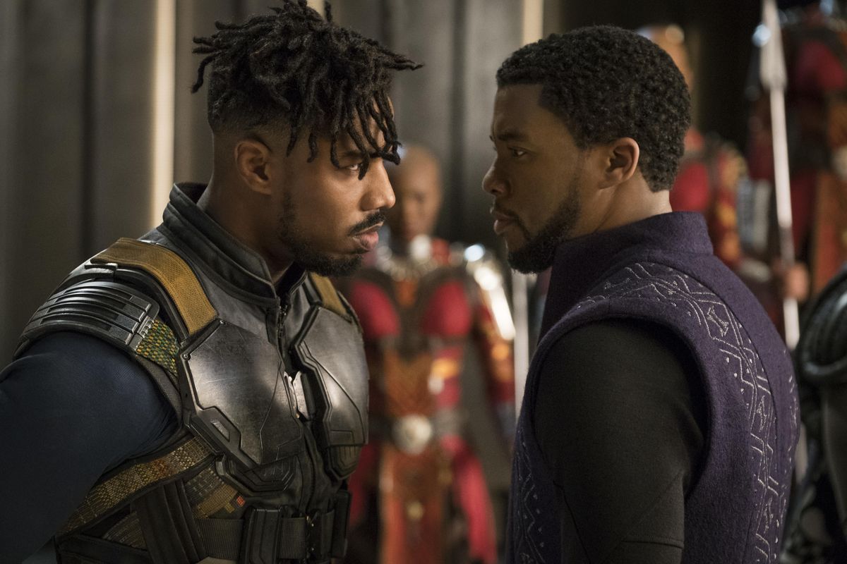 Michael B. Jordan, left, and Chadwick Boseman in a scene from Marvel Studios’ “Black Panther.” (Matt Kennedy / Marvel Studios-Disney)