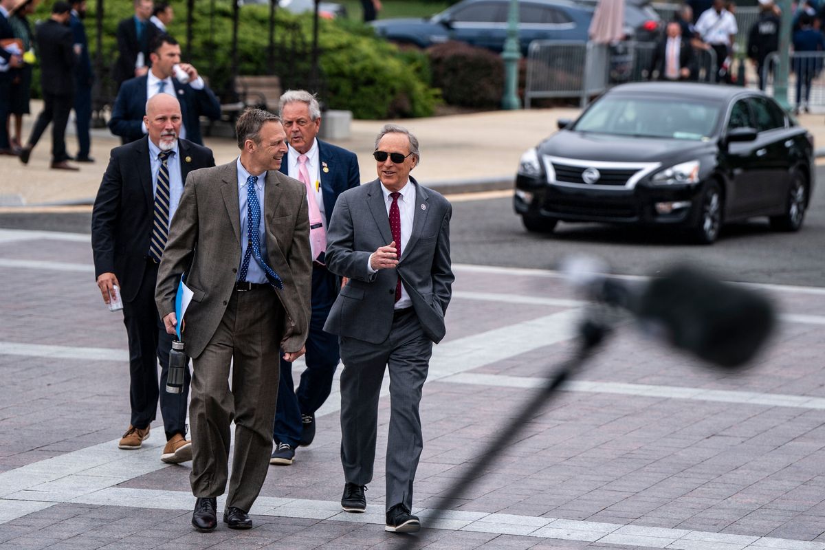 Rep. Scott Perry (R-Pa.), front left, chairman of the House Freedom Caucus, with Reps. Andy Biggs (R-Ariz.), right; Ralph Norman (R-S.C.), rear right; and Chip Roy (R-Texas) as they head to a vote on Capitol Hill in Washington, June 22, 2023. The Republican-led chamber moved to refer articles of impeachment to two House committees, charging that the president