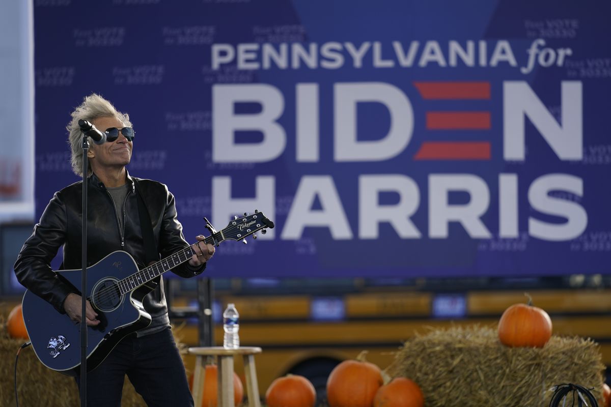Musician Jon Bon Jovi performs at a campaign event for Democratic presidential candidate former Vice President Joe Biden at Dallas High School in Dallas, Pa., Saturday, Oct. 24, 2020. (Andrew Harnik)