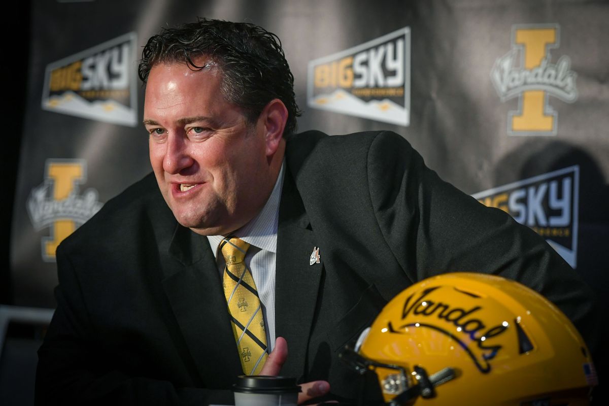 Idaho football coach Jason Eck answers questions from the media Monday during Big Sky media kickoff day at the Davenport Grand Hotel in Spokane.  (Dan Pelle/The Spokesman-Review)