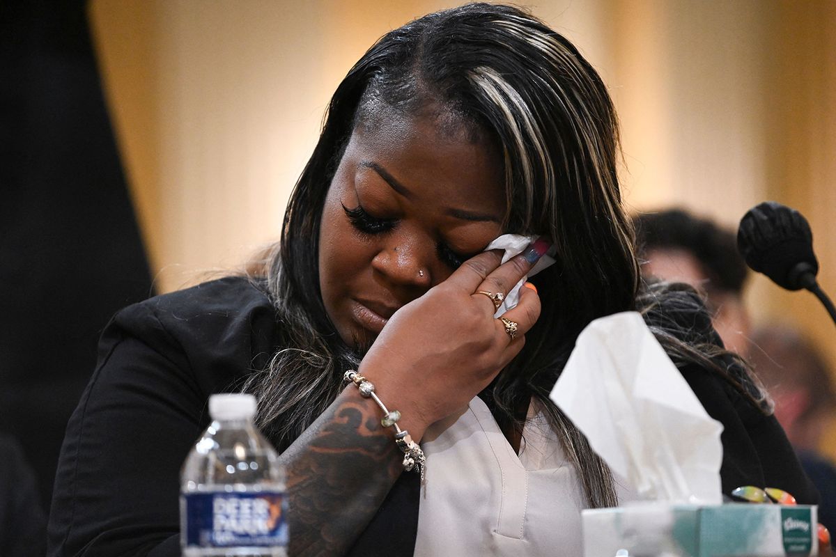 Former Georgia election worker Shaye Moss gets emotional as she testifies during the fourth hearing by the House Select Committee to Investigate the January 6th Attack on the United States Capitol in the Cannon House Office Building on June 21, 2022, in Washington, D.C.    (Roberto Schmidt/AFP/Getty Images North America/TNS)