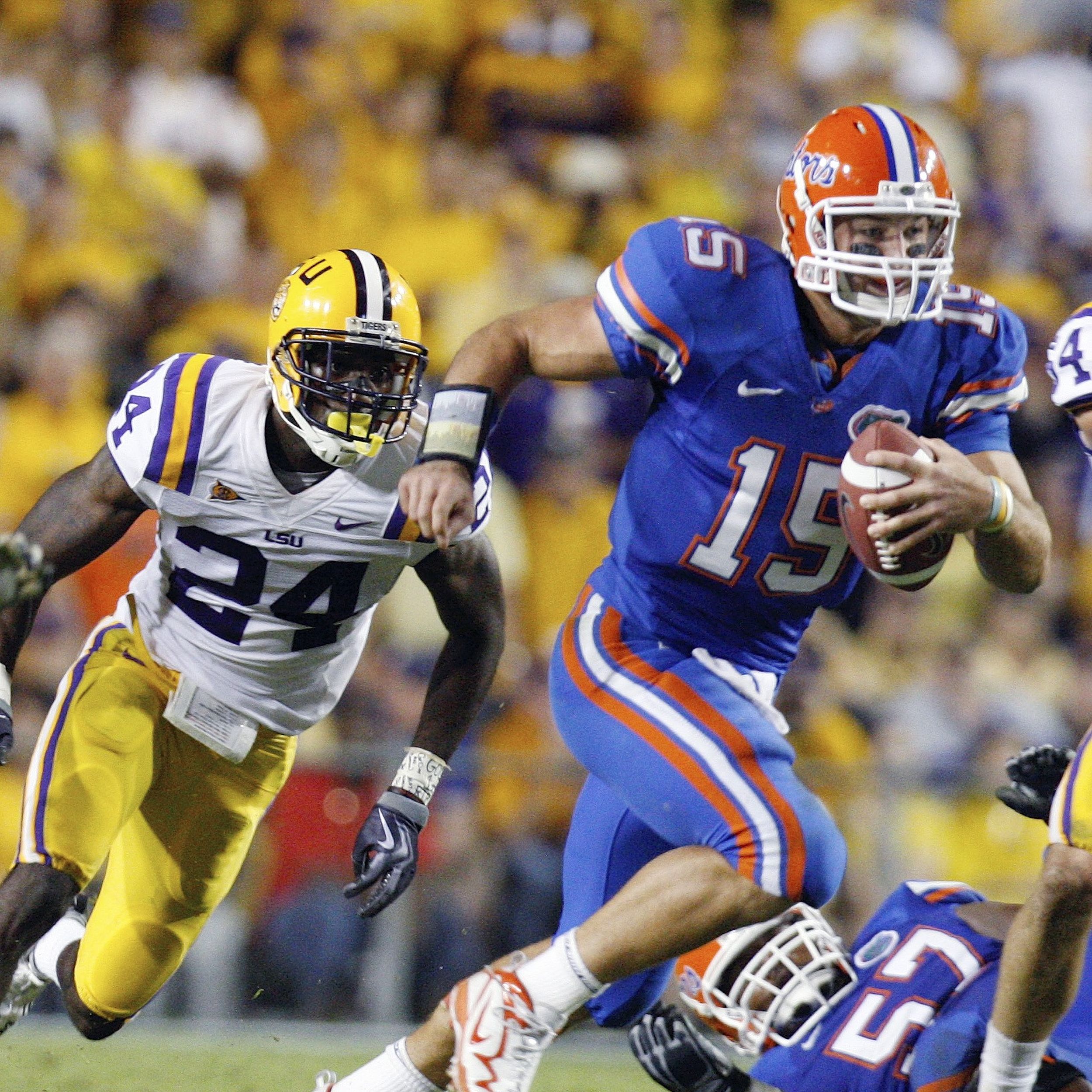 University of Florida quarterback Tim Tebow wipes his eyes following the  Gators 28-24 loss to Louisiana State University at Tiger Stadium in Baton  Rouge, Louisiana, Saturday, October 6, 2007. (Photo by Gary