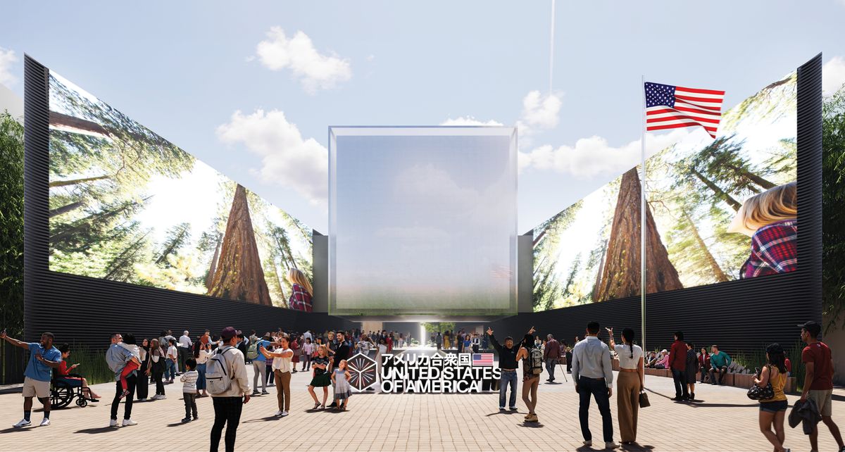 An architect’s rendering shows the design for the USA Pavilion at Expo 2025 in Osaka, Japan. LED screens will create an immersive experience showcasing America’s scenic beauty.  (Trahan Architects)