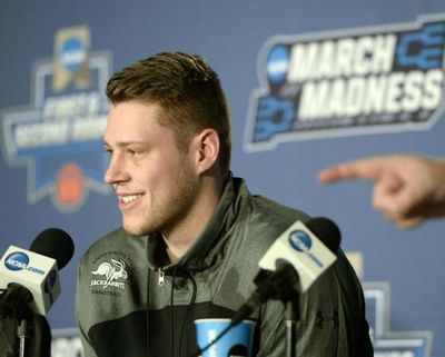 South Dakota State forward Mike Daum answers questions during a press conference, Wednesday March 15, 2017. The Jackrabbits play Gonzaga in the first round of the NCAA Tournament at the Vivant Smart Home Arena Thursday in Salt Lake City. (Dan Pelle / The Spokesman-Review)