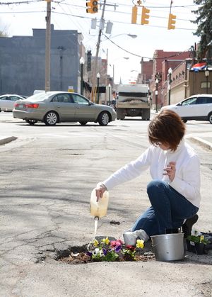 Elaine Santore fills a pothole in the middle of North Center St. with pansies in Schenectady, N.Y, in 2015.  She decided to plant the flowers to make a statement about the problem and to make people smile after what she called "a horrible winter."  (Marc M. Schultz/The Daily Gazette via AP)